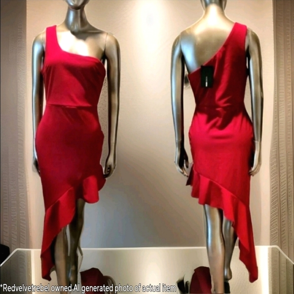 NWT Red Asymmetrical Ruffle Hem Bodycon Sexy Mini Dress Sz - M - Picture 1 of 10